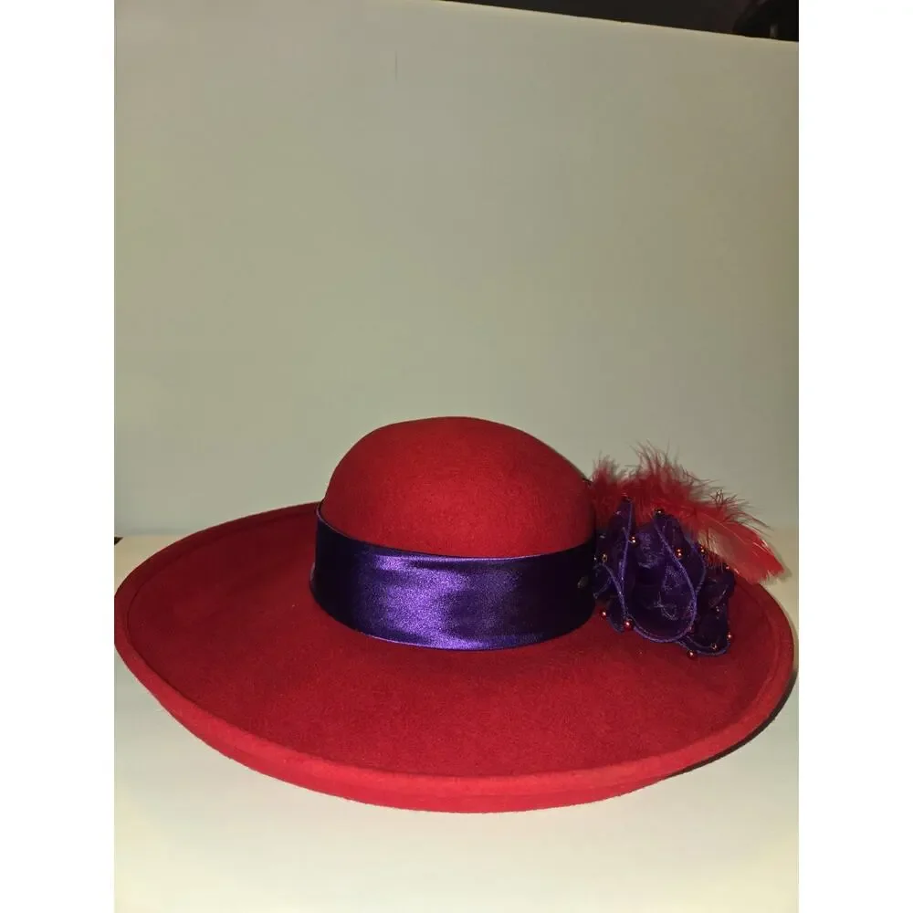Red Hat Society Fancy Wool Hat with Handmade Designed Purple Trim and Feathers